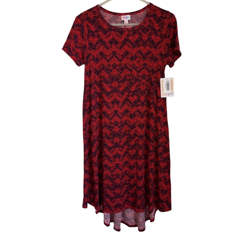 NWT LuLaRoe Carly Swing Dress Women's Size XS Reddish-Orange & Black Geometric